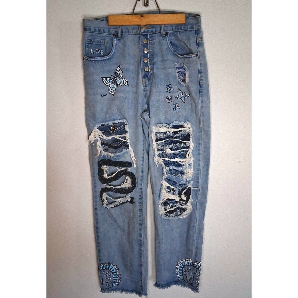 Custom Hand-Painted Distressed Butterfly Denim Jeans High-Rise Button Fly 30x28